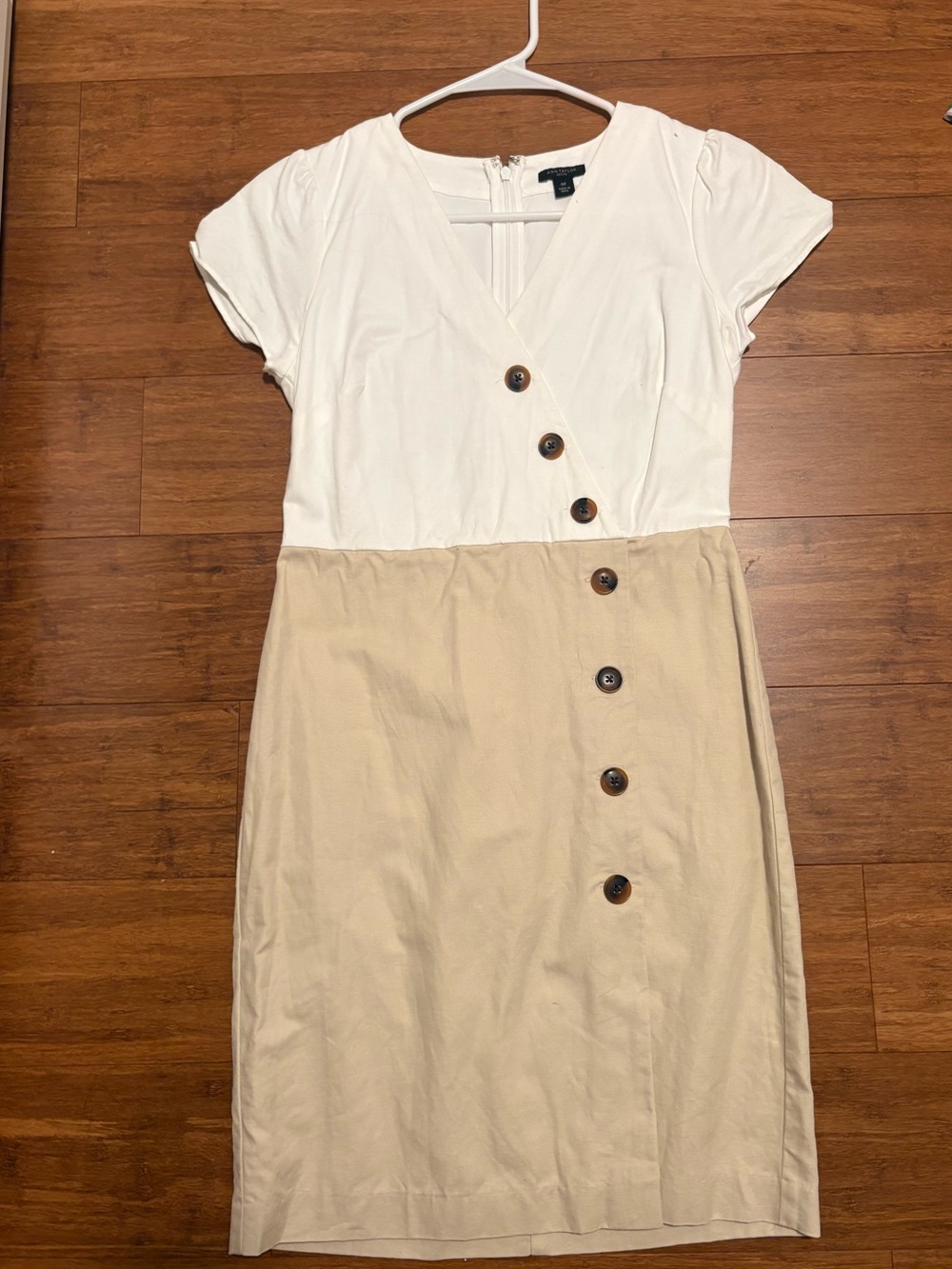 Ann Taylor Two-Tone White and Tan Button-Front Midi Dress